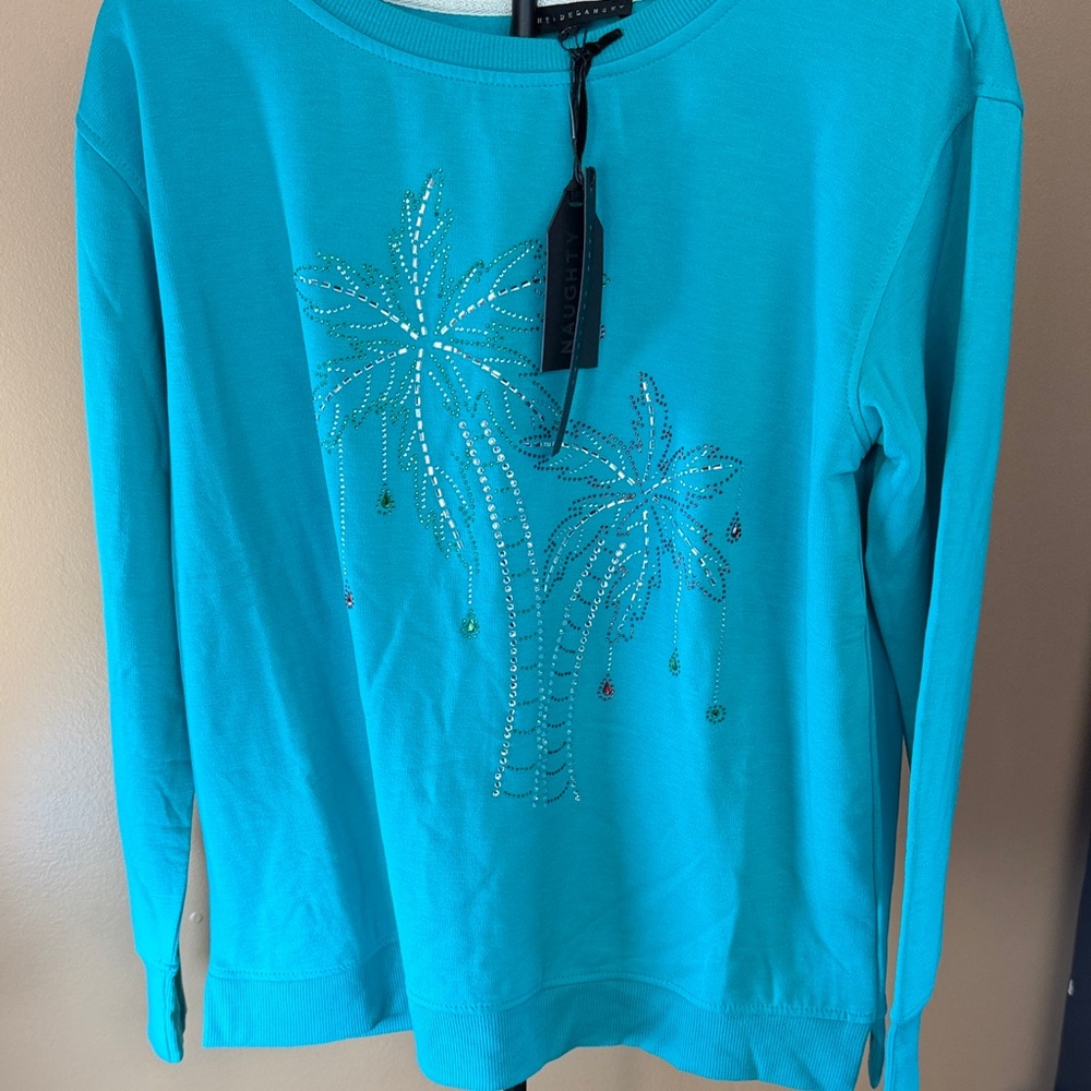Jane and Delancey Turquoise Blue Palm Tree Embellished Sweater
